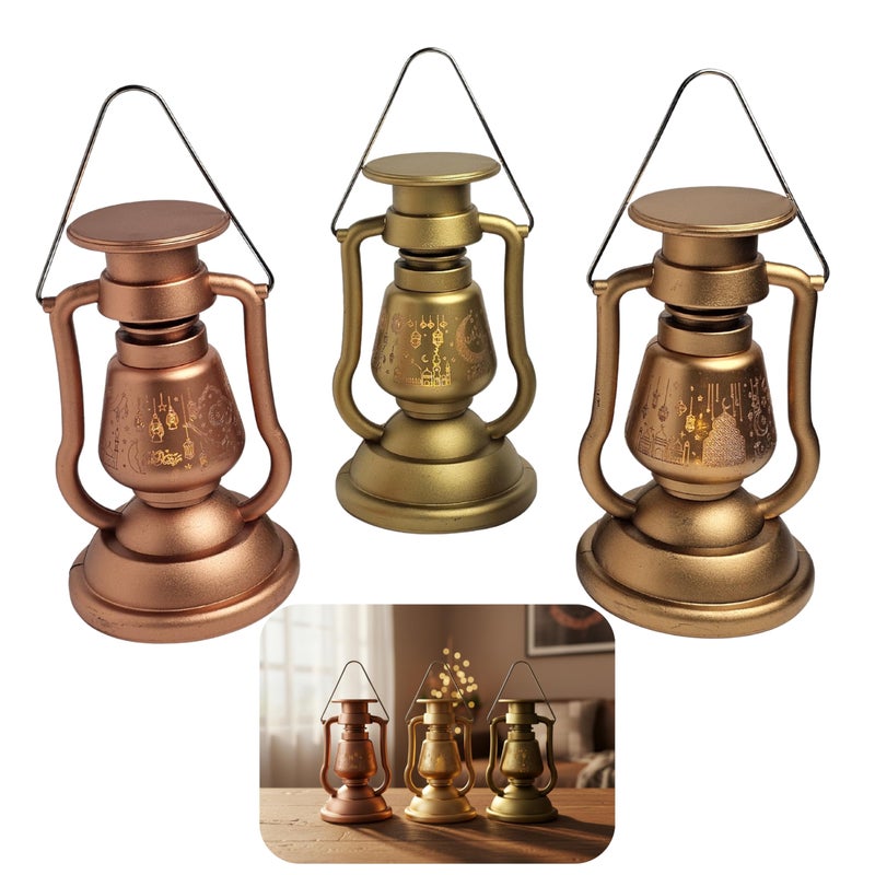 SOBHYS Pack of 3 (THREE) Heritage Glowing Ramadan Fanoos, 24.5cm LED Lantern with Flickering Candle Effect, Islamic Art Hanging Decor, 3 Pack, Metallic Finish, Battery Powered (3, Multicolor) - Image 1
